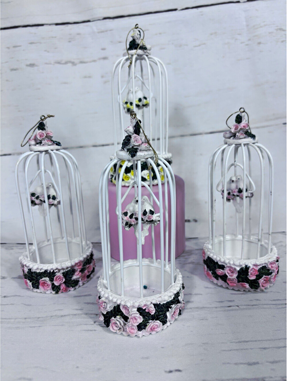 Shabby Chic White Wire Birdcage Ornaments Set of 4 Hanging Lovebirds